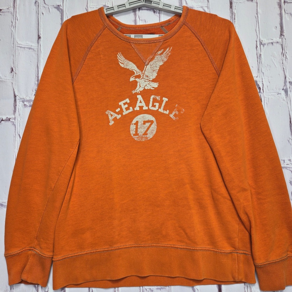 Vintage Y2K American Eagle Men Athletic Fit Sweatshirt Orange Graphic Eagle Sz M